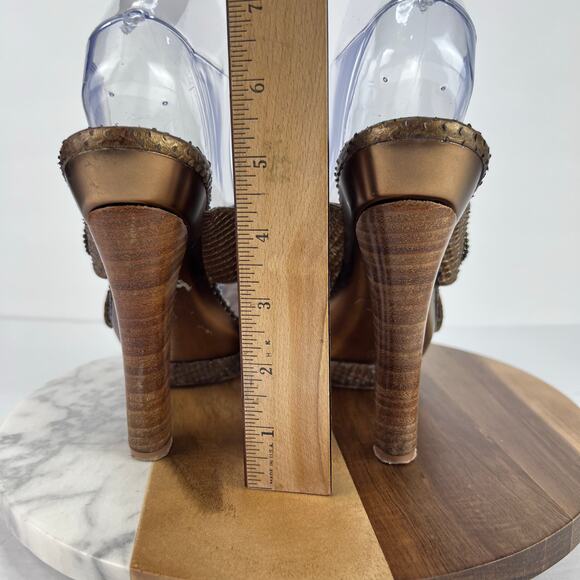 CE FOU SHOO BRONZE Leather Slip On Metal Buckle Platform HIGH HEEL Size 9 - Picture 10 of 11